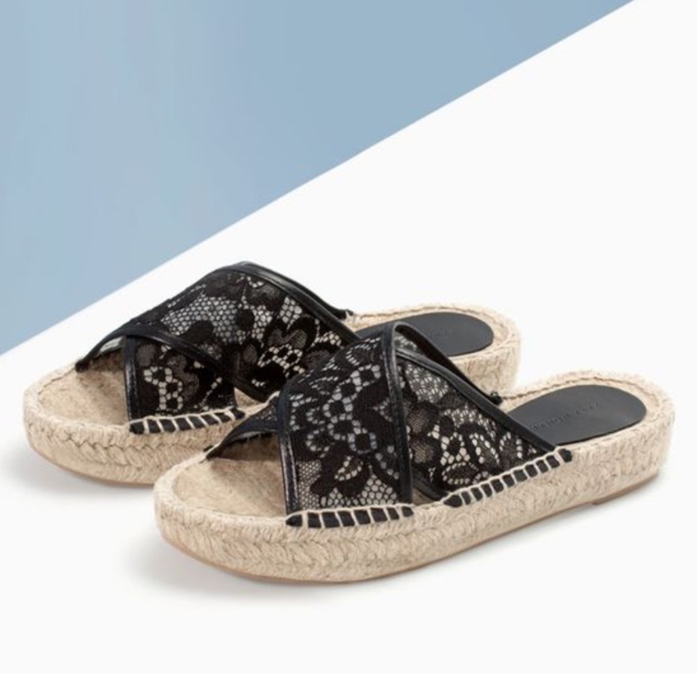 Zara Black Lace Crisscross Espadrille Woven Jute Platform Slide Sandals